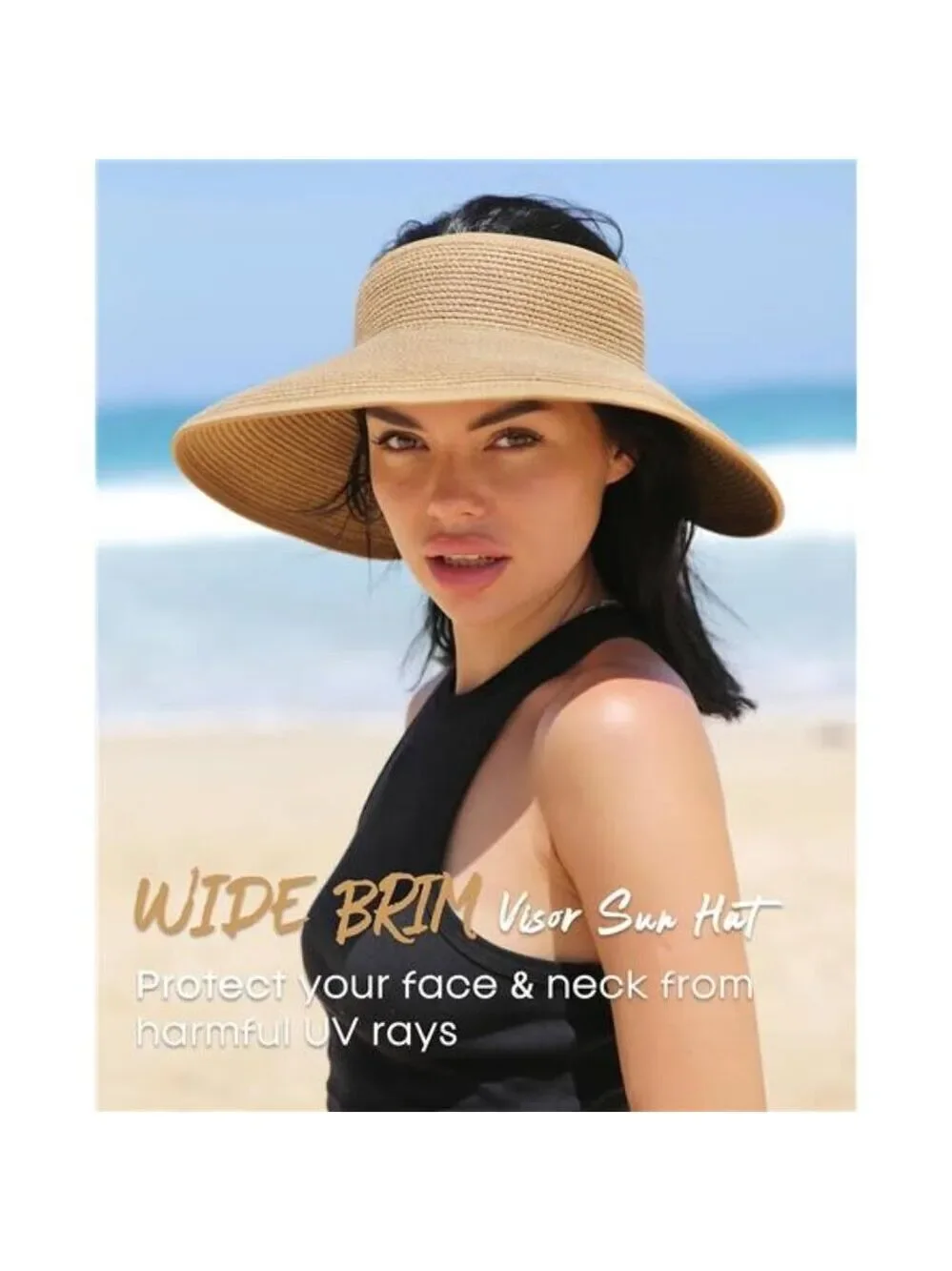 Wide Brim Straw Sun Visor Hat Women Ponytail UPF 50 Beach Packable Hat